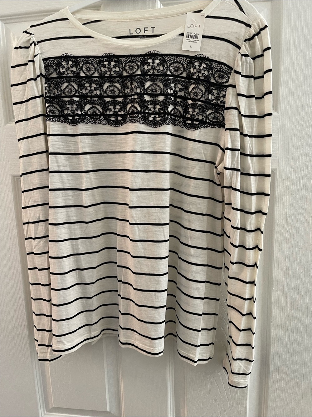 LOFT Black and White Striped Long Sleeve Top with Black Lace Panel